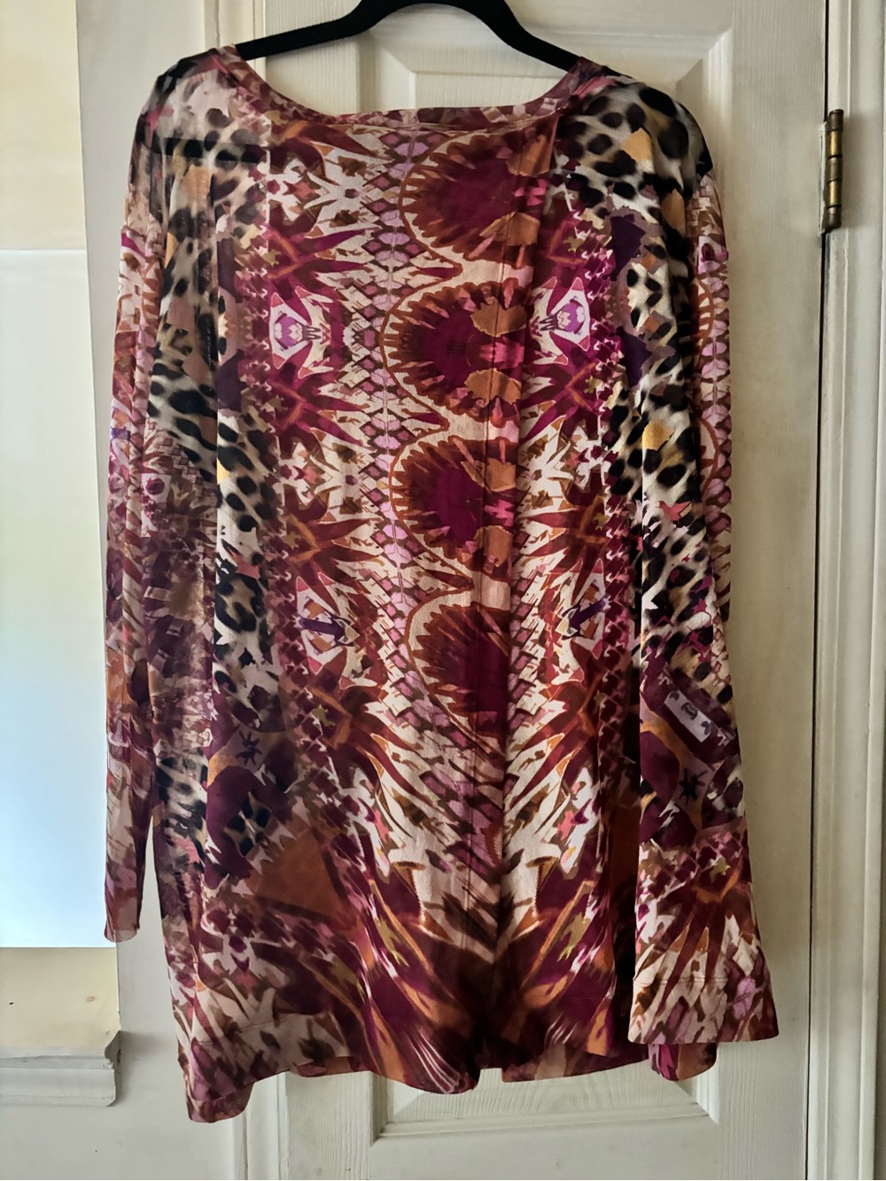 Abstract Animal Print Long Sleeve Mesh Top - Burgundy & Tan